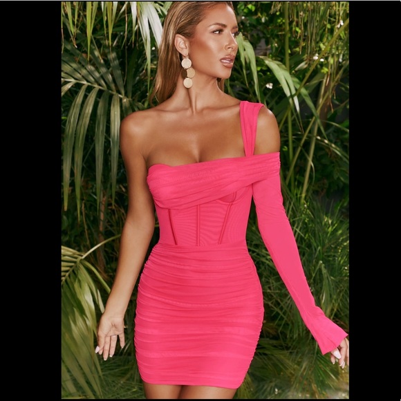 Mesh Asymmetric Off Shoulder Mini Dress 
